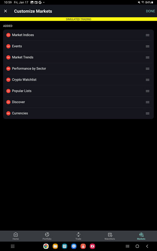 The customize markets option on the Android Tablet. 